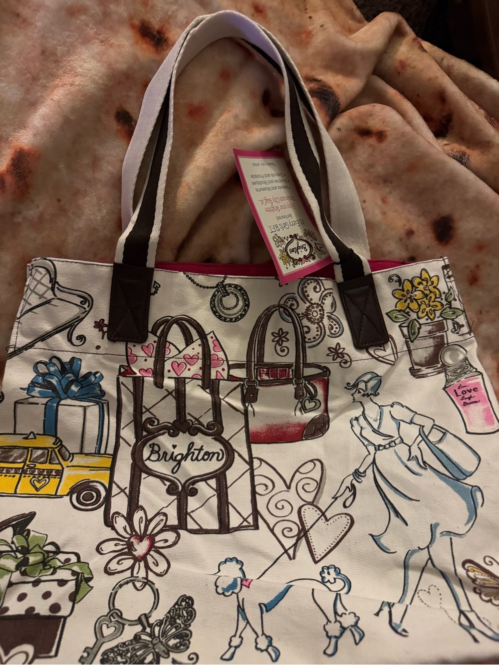 Brighton White Illustrated Canvas Tote Bag with Pink Interior - Picture 4 of 8